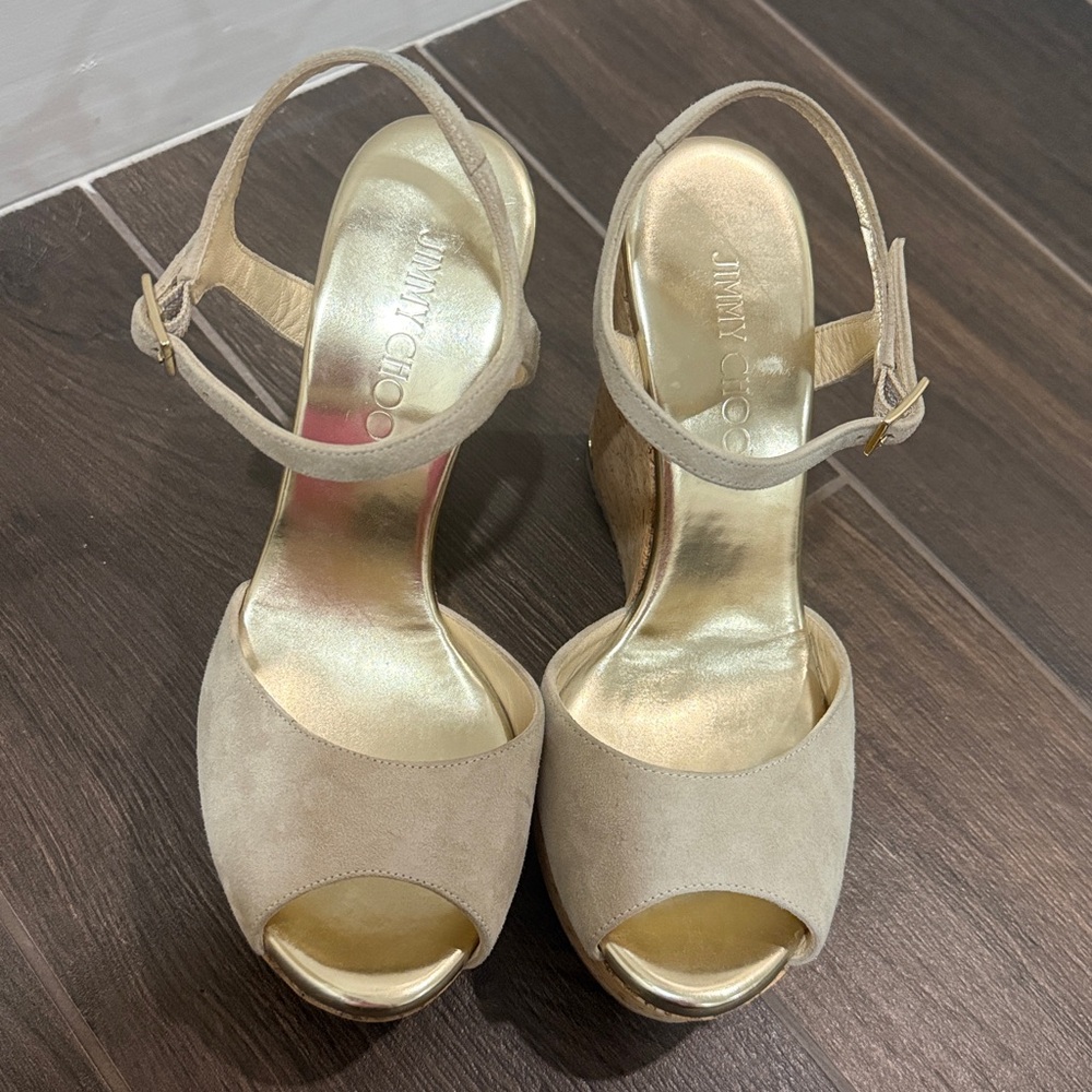 Jimmy Choo Taupe Peep Toe Wedges